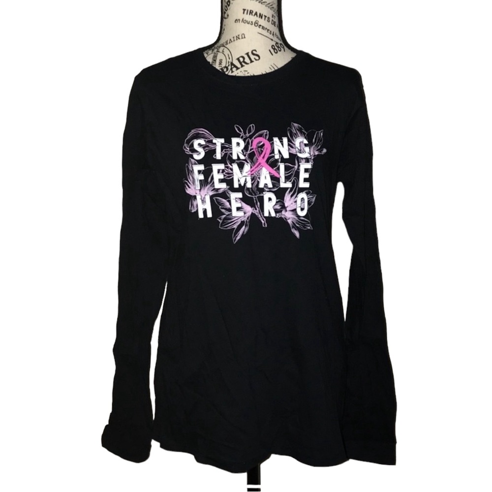 BREAST CANCER AWARENESS STRONG FEMALE HERO BLACK LONG SLEEVE GRAPHIC PULLOVER